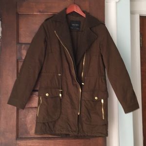 Zara women’s field coat chocolate brown/gold trim